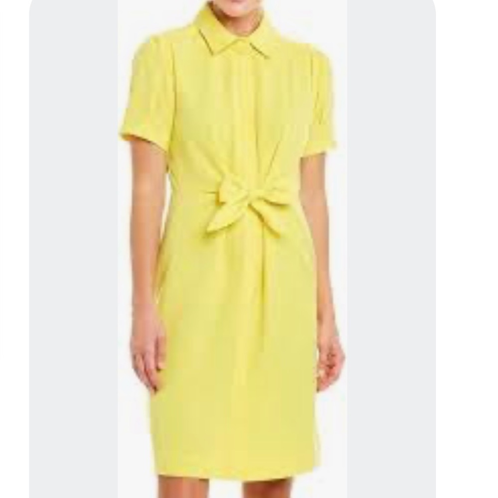 Sharagano yellow short sleeve front tie waist knee length summer dress size 14